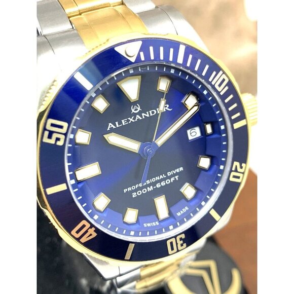 Alexander Men's Watch A501B Swiss Quartz Diver Blue Dial Two Tone Steel 42mm - Picture 14 of 15